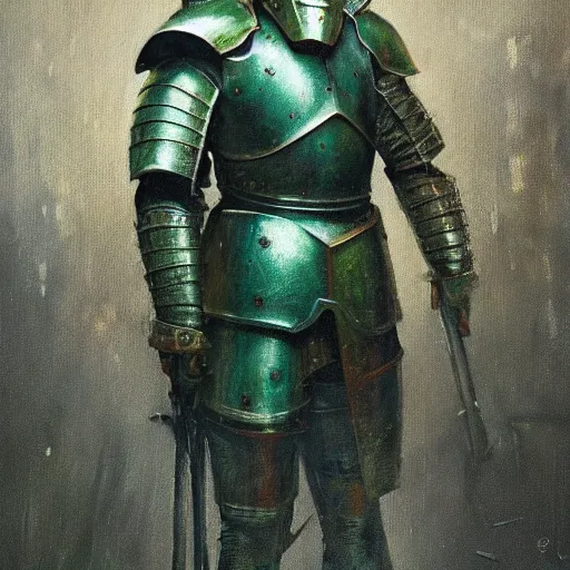 Image similar to Highly realistic and detailed painting of a knight in rusted armor, dark green energy radiates from the knight, oil painting, the knight is in full height, by Greg Rutkowski, 4k, moody lighting, dark fantasy