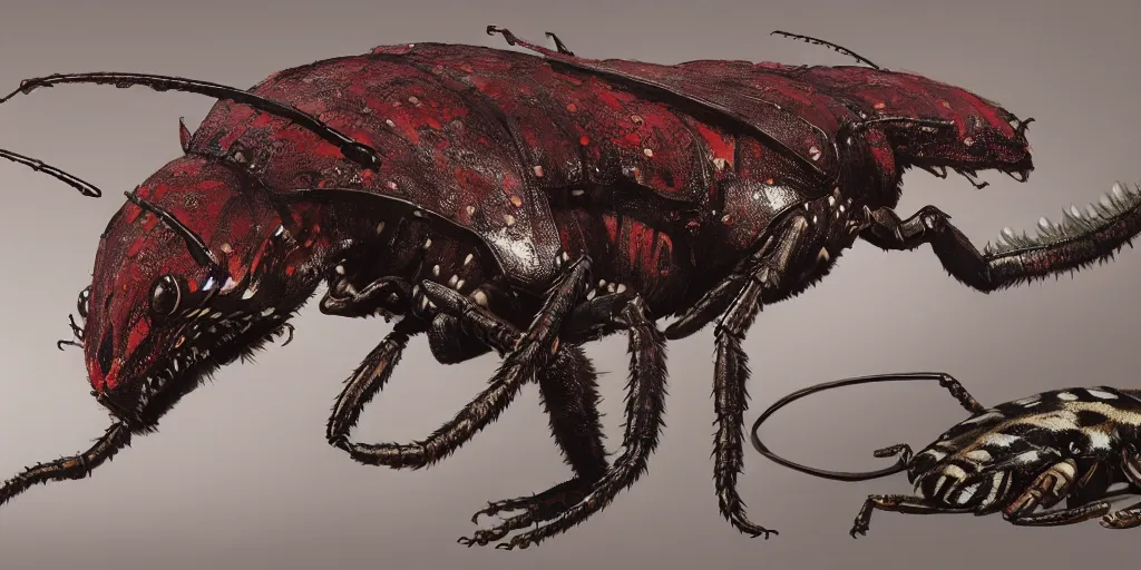 Image similar to Insect like jaguar, character design sheet, Monster Hunter Illustrations art book, dark colored beetle exoesqueleton, extremely long and thin tail, Moebius, Greg Rutkowski, Zabrocki, Karlkka, Jayison Devadas, Phuoc Quan, trending on Artstation, 8K, ultra wide angle, zenith view, pincushion lens effect.