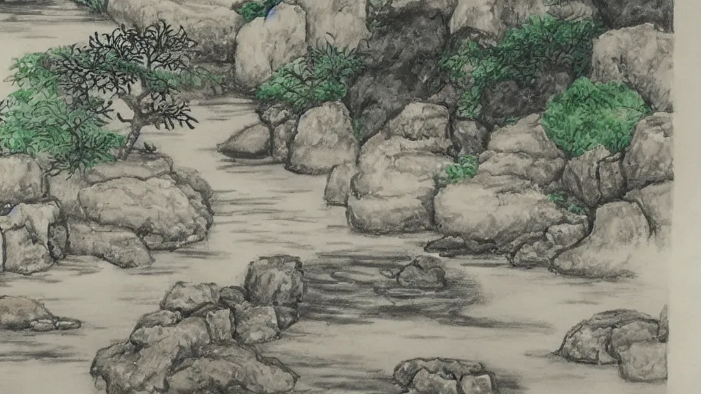 Prompt: chinese watercolor zen garden drawing