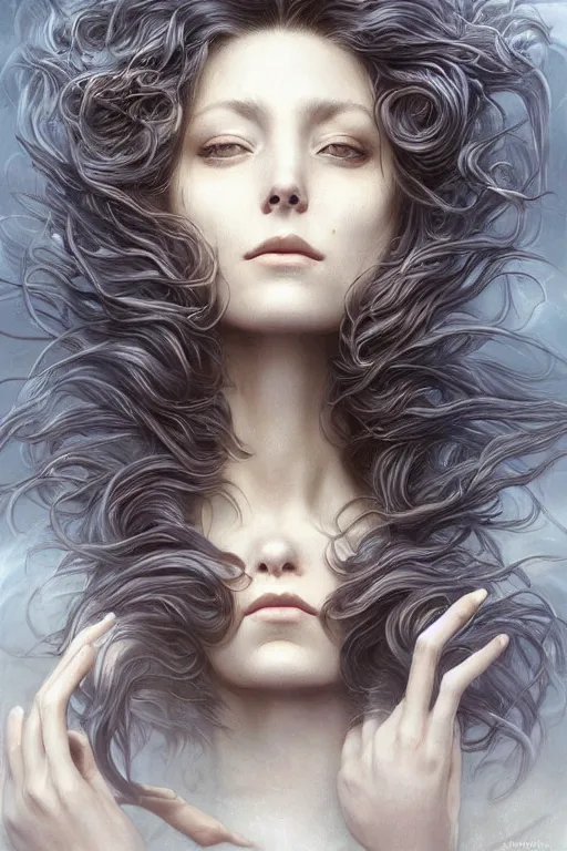 Prompt: wind blowing hair up!!! meditation trance! a celestial surreal creature, dreaming of the void, bust portrait, dnd, fantasy, intricate, elegant, highly detailed, digital painting, artstation, concept art, smooth, sharp focus, illustration, art by artgerm and tom bagshaw and greg rutkowski and alphonse mucha