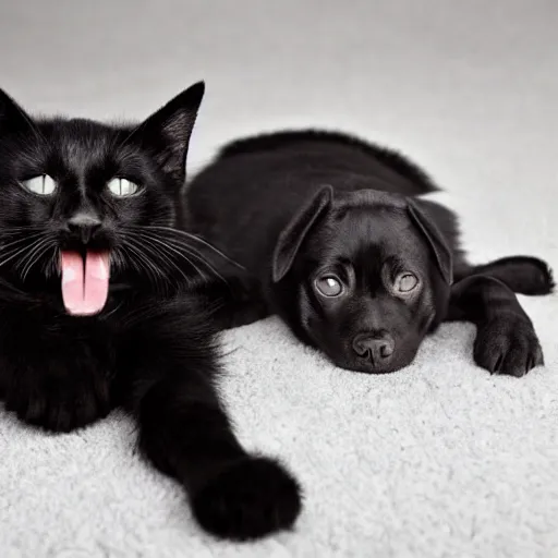 Prompt: black cat yawning next to puppy dog wide angle