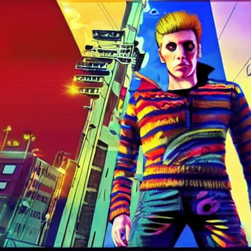 Prompt: Ziggy Stardust in gta v loading screen artwork