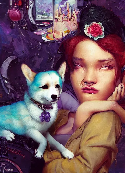 Image similar to beautiful fantasy painting of a Hiphop Lofi princess and corgi chilling to music, by Kenne Gregoire, James Jean, Tran Nguyen, WLOP, Jakub Rebelka. trending on Artstation, 8k, masterpiece, face enhance, graffiti paint, fine detail, full of color, intricate detail, golden ratio illustration