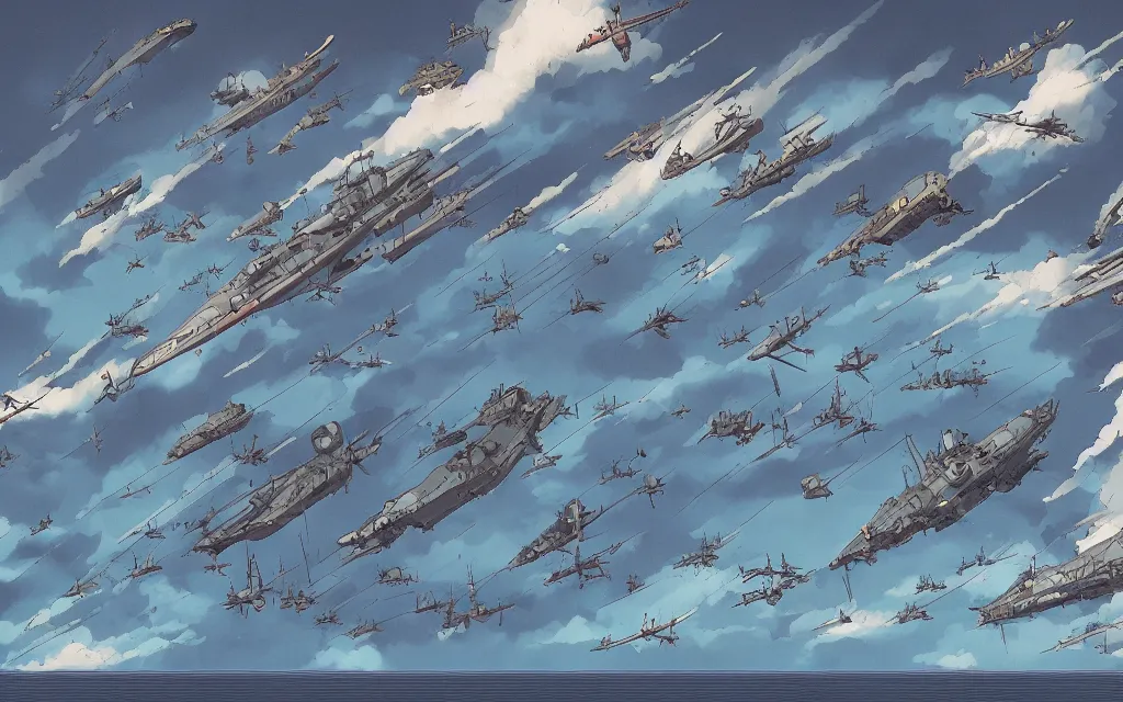 Prompt: a fleet of ww 2 japanese battleships flying between the clouds, in the style of james jean and laurie greasley, dynamic composition, dramatic lighting, ultra detailed