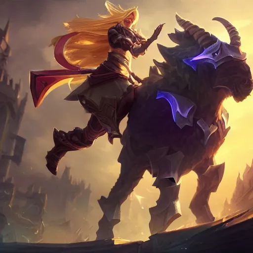 Image similar to a blonde paladin woman holding her shield up fighting a giant goat on the streets of a fantasy town, league of legends splash art, deiv calviz, splash art, natural light, elegant, intricate, fantasy, atmospheric lighting, by greg rutkowski, league of legends splash art, hd wallpaper, ultra high details