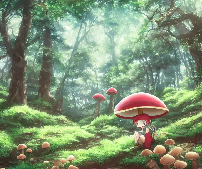 Image similar to mushroom in a forest, anime fantasy illustration by tomoyuki yamasaki, kyoto studio, madhouse, ufotable, comixwave films, trending on artstation