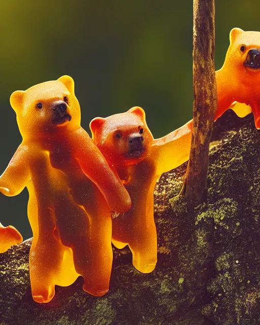 Image similar to national geographic photo of wild gummy bears, wildlife photography, 4 k photo, dynamic lighting