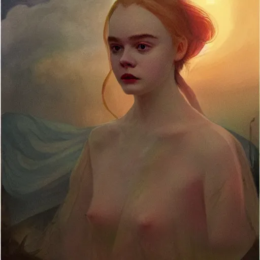 Prompt: Elle Fanning, head and shoulders masterpiece, apocalypse, golden hour, cosmic horror, artstation, in the style of William Blake and Edward Hopper and Bosch, extremely detailed