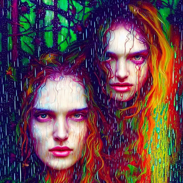 Image similar to bright asthetic portrait of LSD in rain with wet hair and face, liquid, fantasy, intricate, elegant, dramatic lighting, highly detailed, lifelike, photorealistic, digital painting, artstation, illustration, concept art, smooth, sharp focus, art by John Collier and Albert Aublet and Krenz Cushart and Artem Demura and Alphonse Mucha