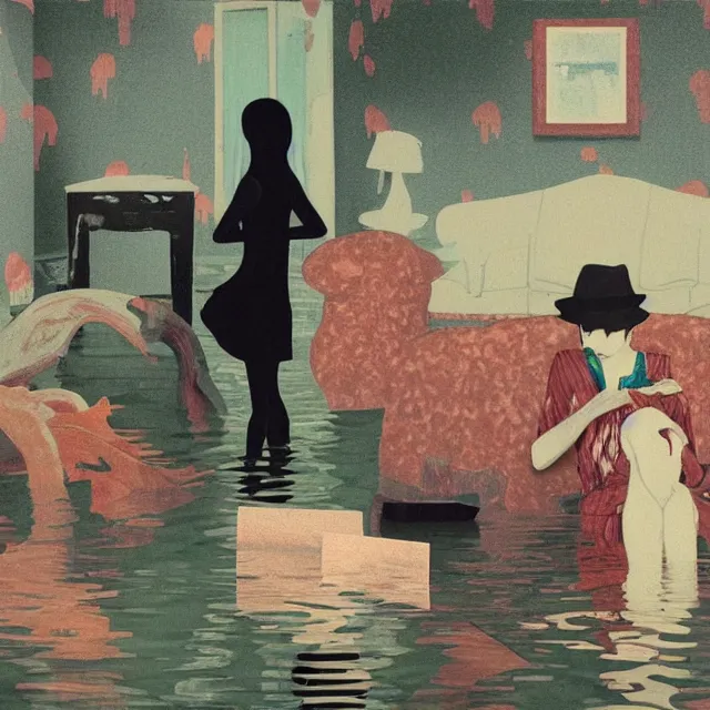 Image similar to tall female emo artists in their flooded apartment, painting of flood waters inside an artist's home, a river flooding indoors, pomegranates, pigs, ikebana, zen, water, octopus, river, rapids, waterfall, black swans, canoe, berries, acrylic on canvas, surrealist, by magritte and monet