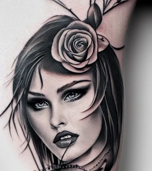 Image similar to tattoo design on white background of a beautiful girl warrior, roses, hyper realistic, realism tattoo, by eliot kohek, beautiful eyes, realistic face, black and white