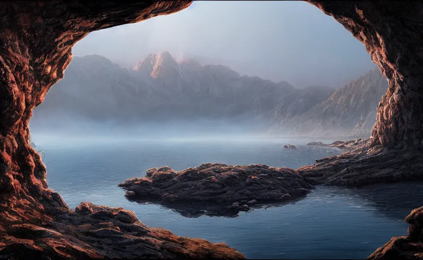 Image similar to a strange lake directed by charlie kaufman ( 2 0 0 1 ) anamorphic lenses, a rocky shore in the foreground, foggy volumetric light morning, a beam of light from the heavens, cinematic trending on artstation in the style of greg rutkowski