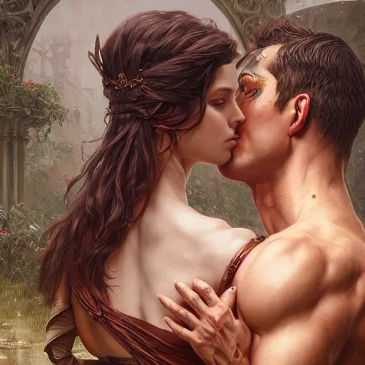 Image similar to portrait painting of dark muscular begali couple kissing, ultra realistic, concept art, intricate details, eerie, highly detailed, photorealistic, octane render, 8 k, unreal engine. art by artgerm and greg rutkowski and alphonse mucha