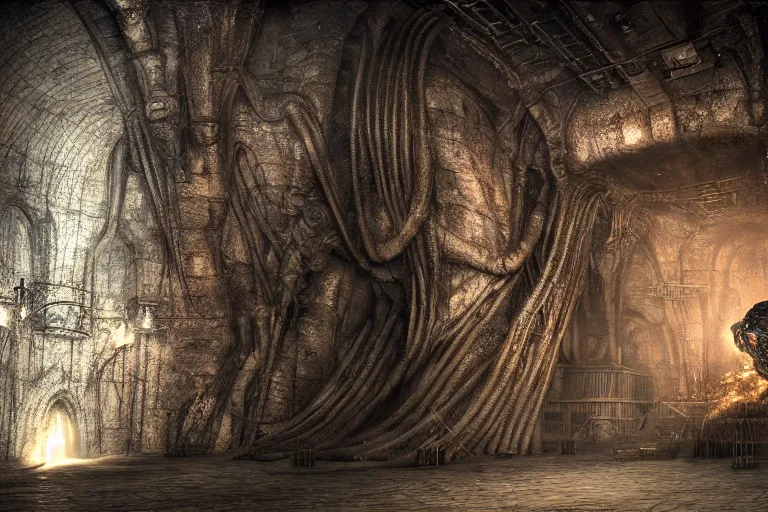 Image similar to realistic balrog at the bottom of a huge long corridor in the mines of moria, 3 d octane render, photorealistic, style of h. r. giger