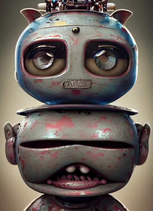 Image similar to closeup portrait of tin toy robot goblin trap, depth of field, zeiss lens, detailed, symmetrical, centered, fashion photoshoot, by nicoletta ceccoli, mark ryden, lostfish, breathtaking, 8 k resolution, extremely detailed, beautiful, establishing shot, artistic, hyperrealistic, octane render