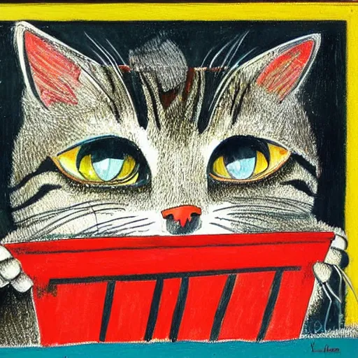 Image similar to painting of a cat poking half way out of a dumpster by louis wain