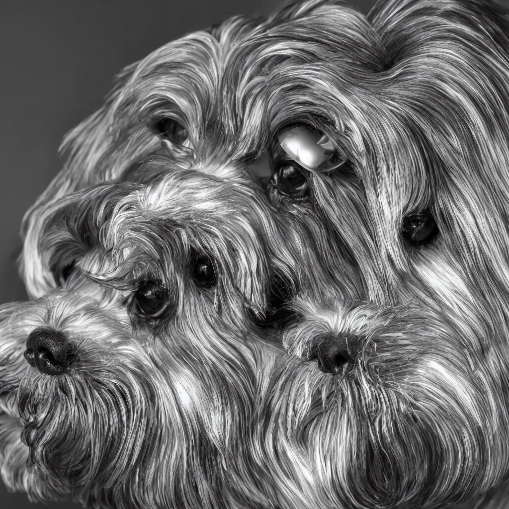 Image similar to image of a havanese dog reflected on the surface of a single chrome sphere, ultra wide 1 0 mm, by m c escher pen and paper