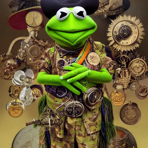 Prompt: Kermit the frog as an army general wearing many medals, Realistic, Regal, Refined, Detailed Digital Art, Michael Cheval, Walt Disney (1937), François Boucher, Oil Painting, Steampunk, Highly Detailed, Cinematic Lighting, Unreal Engine, 8k