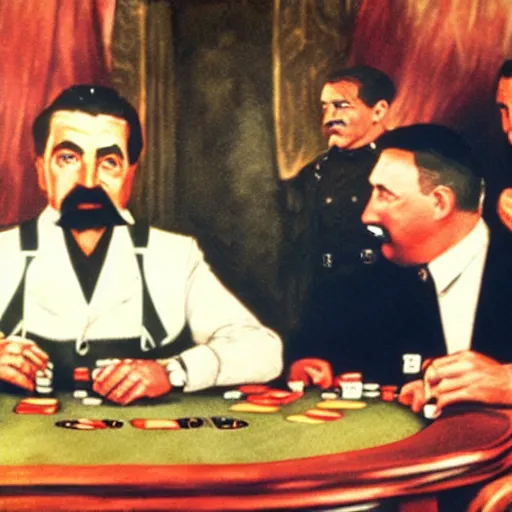 Prompt: UHD candid color photo of Joseph Stalin playing poker with Joe Biden and Hitler, accurate faces, UHD, photorealistic, correct face, photo by Annie Leibowitz