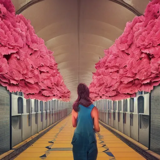 Image similar to giant carnation flower head, woman standing in metro station, surreal photography, dramatic light, impressionist painting, digital painting, artstation, simon stalenhag