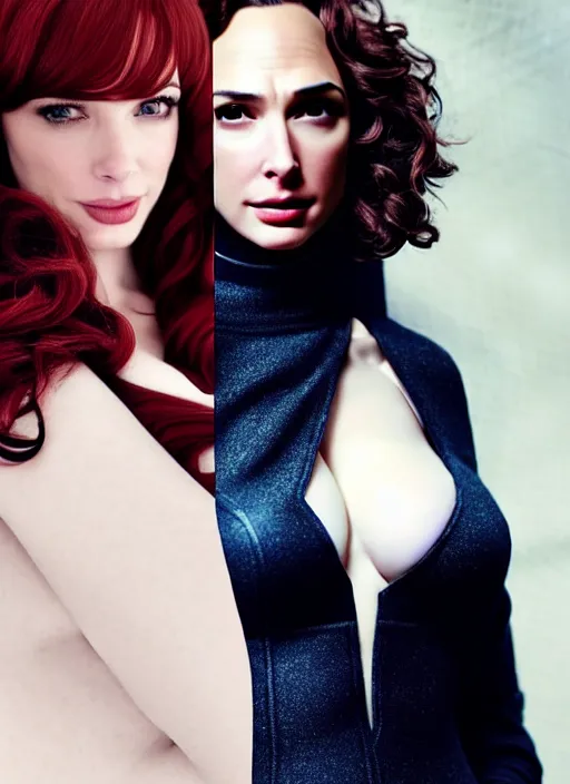 Image similar to a gorgeous christina hendricks and gal gadot hyrid, photo, professionally retouched, soft lighting, torso, legs, feet, long coat, realistic, smooth face, perfect eyes, wide angle, sharp focus on eyes, 8 k high definition, insanely detailed, intricate, elegant, art by artgerm, snowy winter