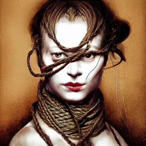 Image similar to portrait of a Shibari rope wrapped face and neck, headshot, insanely nice professional hair style, dramatic hair color, digital painting, of a old 15th century, old cyborg merchant, amber jewels, baroque, ornate clothing, scifi, realistic, hyperdetailed, chiaroscuro, concept art, art by Franz Hals and Jon Foster and Ayami Kojima and Amano and Karol Bak,