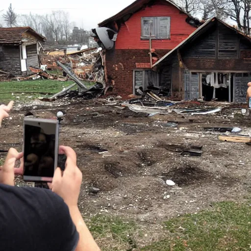 Image similar to an old village house, in the ground a large funnel from the explosion, around people take pictures of this funnel