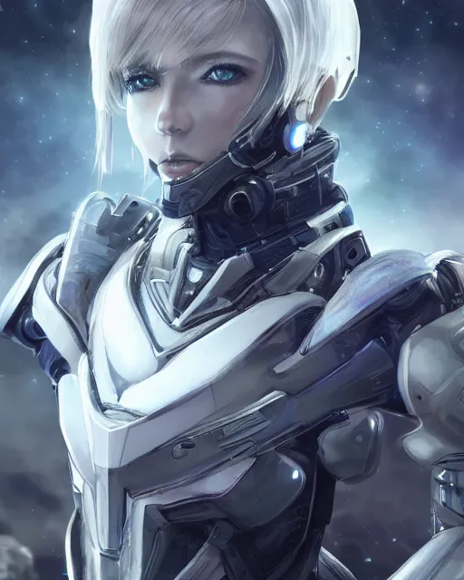 Prompt: photo of an android girl on a mothership, warframe armor, beautiful face, scifi, nebula, futuristic, space, galaxy, raytracing, dreamy, perfect, atmosphere, aura of light, pure, white hair, blue cyborg eyes, glow, insanely detailed, intricate, innocent look, art by akihiko yoshida, kazuya takahashi