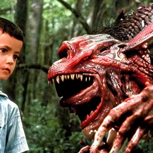 Image similar to movie still from forest gump with yautja predator monster