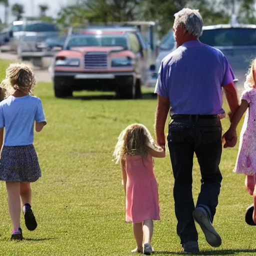 Image similar to jeffrey epstein walking two little girls into the sunset