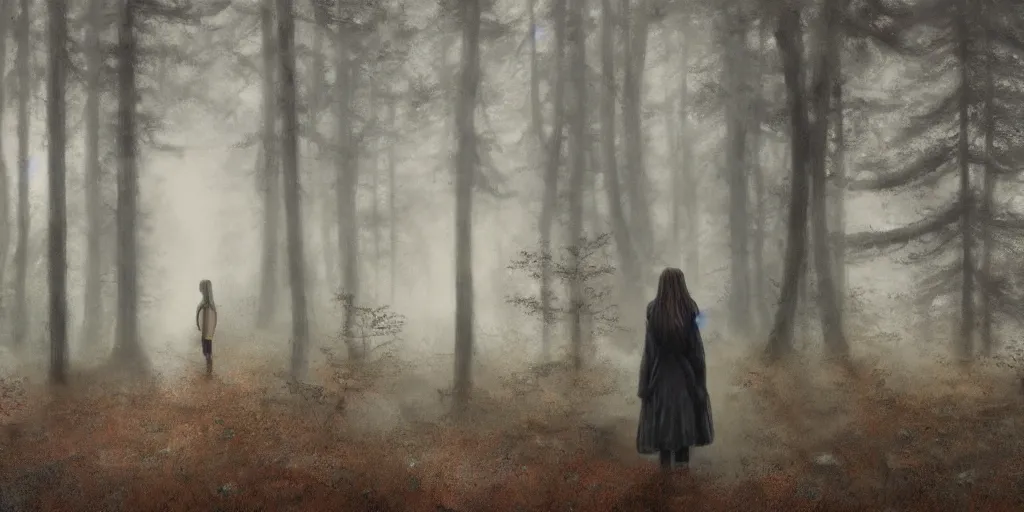 Prompt: a girl in a forest by Aron Wiesenfeld, cinematic, detailed illustration, nature, fog, dark colors, suspense, train the background, intricate, 8k