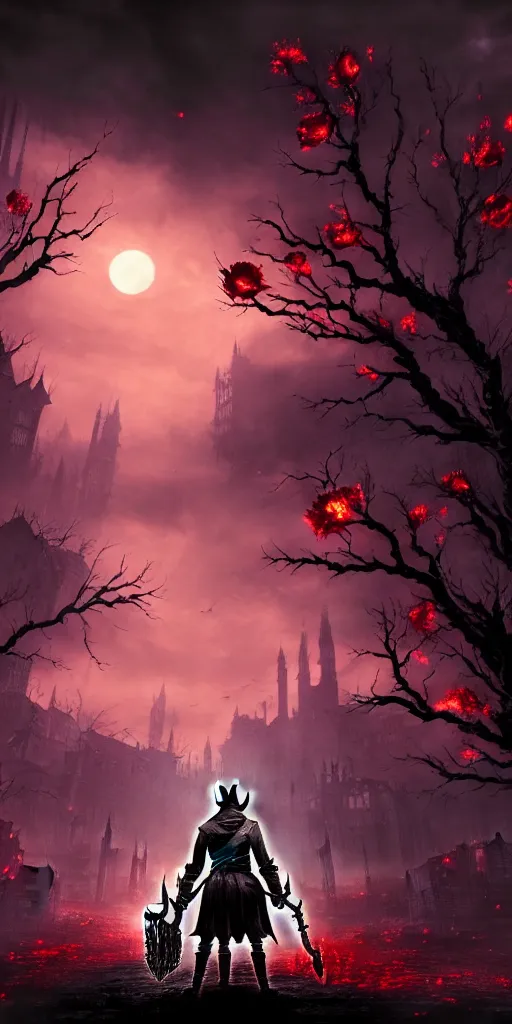Prompt: abandoned bloodborne old valley with a person at the centre and a ruined city at the end, trees and stars in the background, falling red petals, epic red - orange moonlight, perfect lightning, illustration by niko delort and kentaro miura, 4 k, ultra realistic