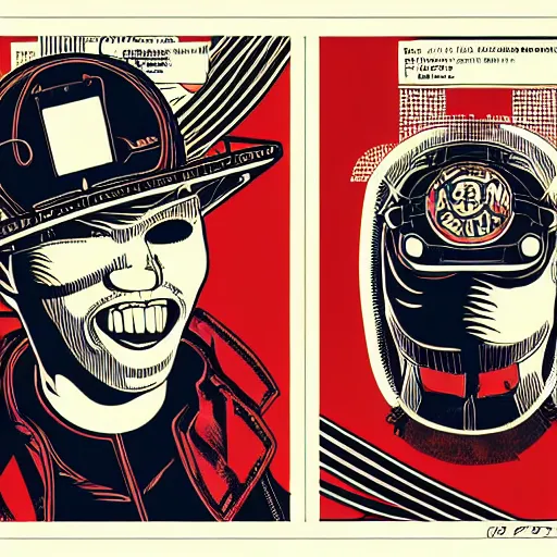 Image similar to Illustrated by Shepard Fairey and H.R. Geiger | Cyberpunk Clown Vampire with VR helmet, surrounded by cables