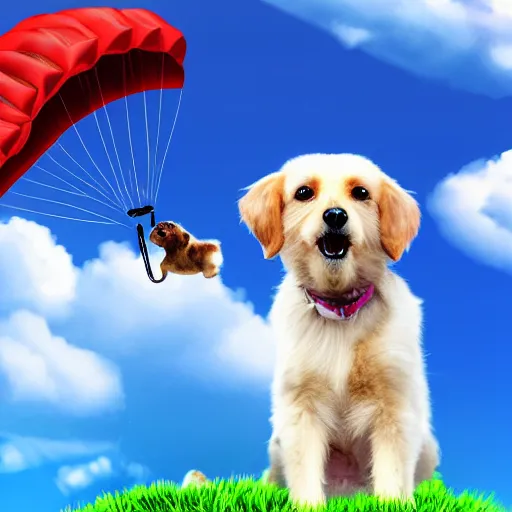 Prompt: photorealistic cute dog with a parachute on a sky background