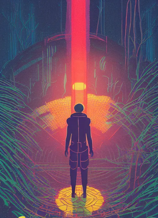 Image similar to an indie game poster of a translucent cyberpunk explorer meditating on an ancient platform in the middle of a dense forest, midnight, risograph by ghostshrimp, kawase hasui, josan gonzalez, jean giraud, moebius, colourful flat surreal design, in the style of oxenfree, super detailed, a lot of tiny details