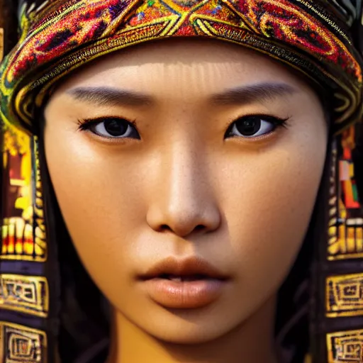 Prompt: portrait of a stunningly beautiful alluring asian tribal female, depth of field, zeiss lens, detailed, symmetrical, centered, fashion photoshoot, by Annie Leibovitz and Steve McCurry, David Lazar, Jimmy Nelsson, Breathtaking, 8k resolution, extremely detailed, beautiful, establishing shot, artistic, hyperrealistic, beautiful face, octane render