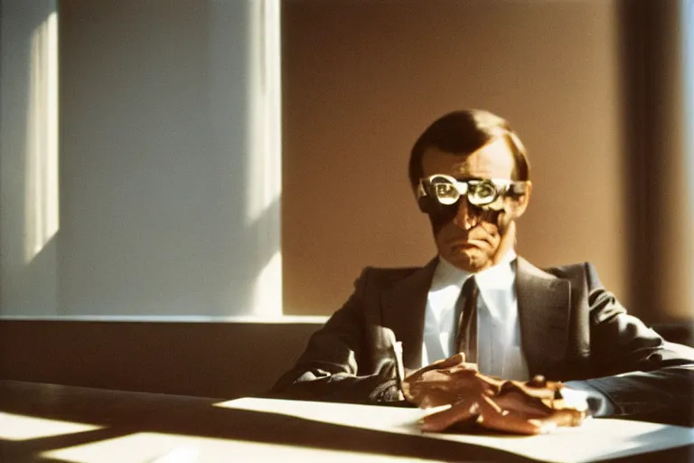 Image similar to close-up color film photography 1970s, long shot, man in suit sits in office with the shadow of the blinds on her face, soft focus, golden hour, soft light, 35mm, film photo, Joel Meyerowitz