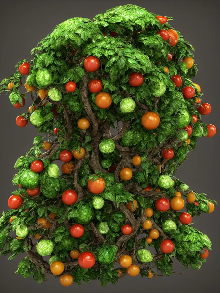 Prompt: highly detailed 3 d render of a mythical tree with branches with omatoes and mozzarella balls and basil leaves, hyper realistic octane render, cinematic lighting, deviantart, lowbrow, surrealism, pixar still