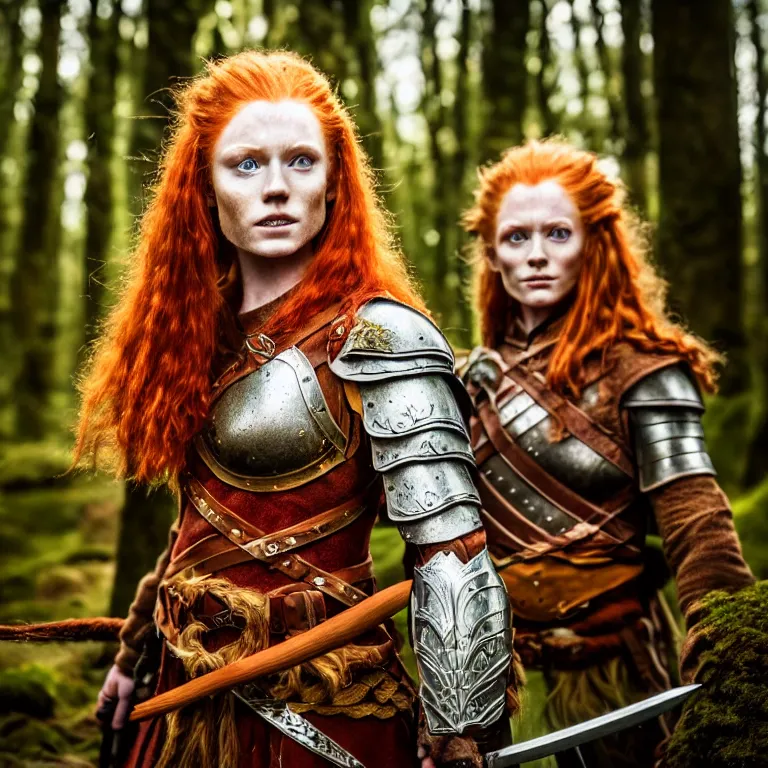 Image similar to 5 5 mm portrait photo of an armored handsome well - built female warrior, red hair, ginger hair, in a magical forest in the style of lord of the rings, highly detailed 8 k. intricate. lifelike. soft light. nikon d 8 5 0. cinematic post - processing