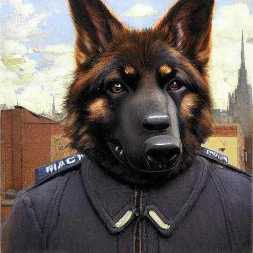 Image similar to new york city portrait of furry anthro anthropomorphic german shepard head animal person fursona wearing clothes nypd traditional police uniform in the alley, sunny day, digital art by Nerdrum John, William Waterhouse, Winslow Homer, Alex Heywood, Jordan Grimmer, Darren Quach, Greg Rutkowski, Simon Stalenhag, trending on Artstation, CGSociety