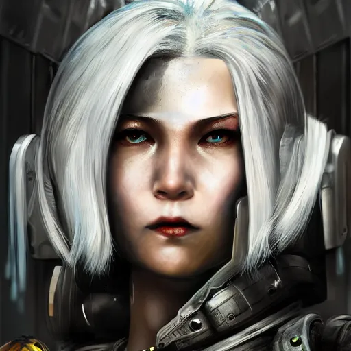 Prompt: An epic fantastic realism comic book style portrait painting of a female cyber warrior, dieselpunk armor, white hair korean, porcelain pale skin, cyberpunk color raining tokyo everywhere, Concept world Art, unreal 5, DAZ, hyperrealistic, octane render, cosplay, RPG portrait, dynamic lighting