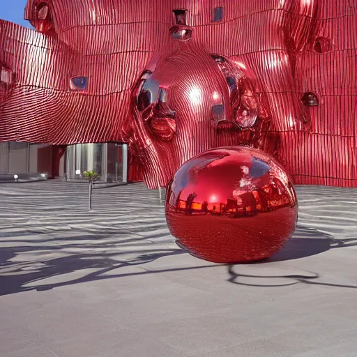 Prompt: chrome spheres on a red cube by frank gehry