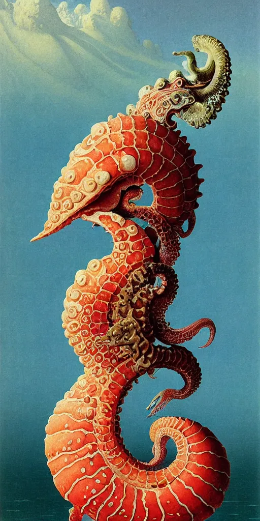 Prompt: portrait of the ammonite skeksis supermodel clad in coral armor biting into a juicy squid, by kawase hasui, dorothea tanning, moebius, edward hopper and james gilleard, aivazovsky, zdzislaw beksinski, steven outram colorful flat surreal design