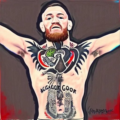 Image similar to conor mcgregor crucified, oil on canvas, digital art, religious, chest tattoo