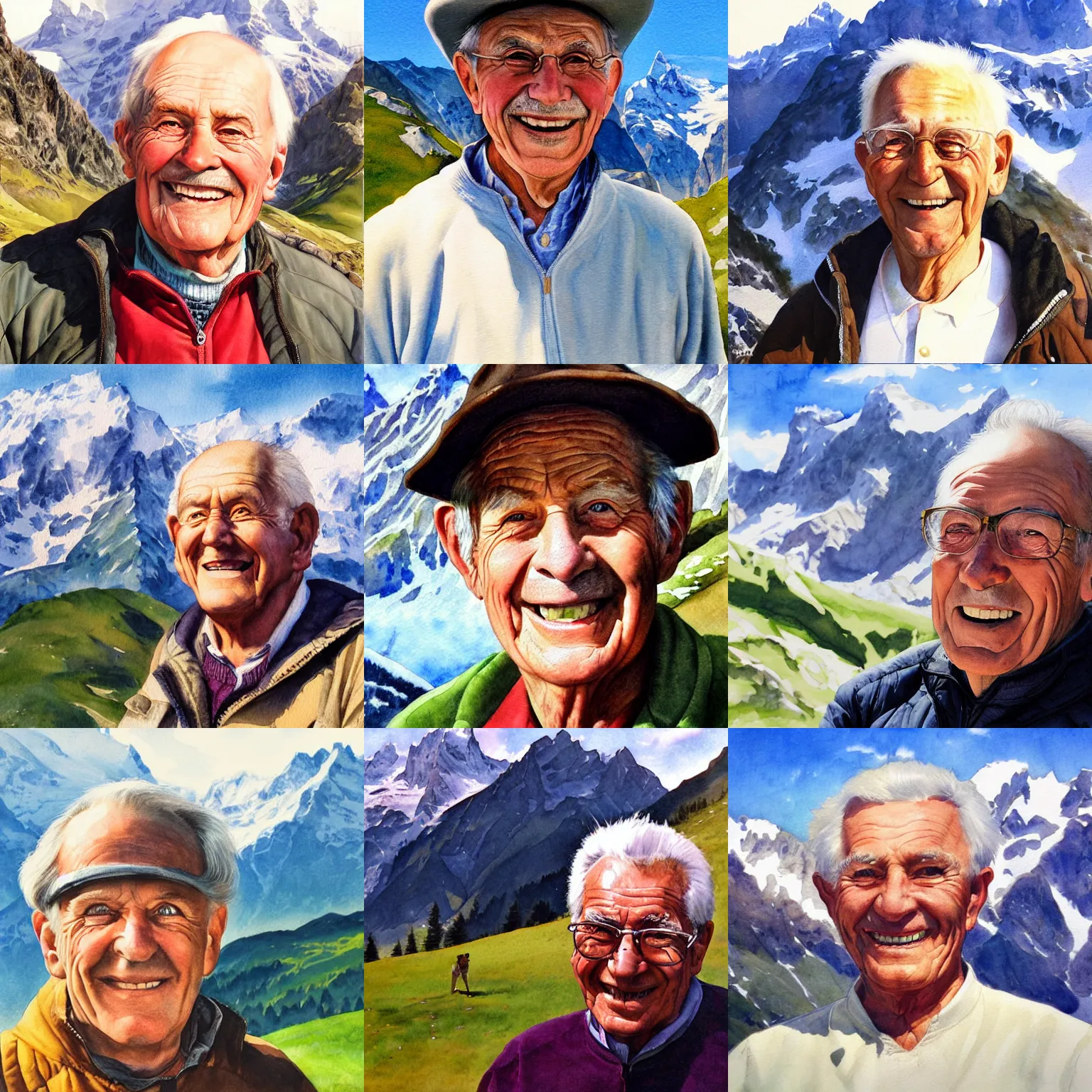 Prompt: closeup portrait of a smiling friendly elderly man, in the Swiss Alps, mountains in background, by Artgerm, by Albert Edelfelt, watercolor