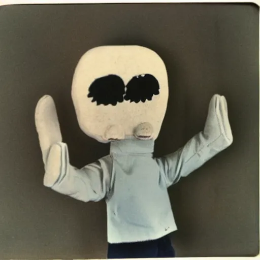 Image similar to a cute puppet made of fingers and hands, old photo, expired color film, damaged photo, 1975