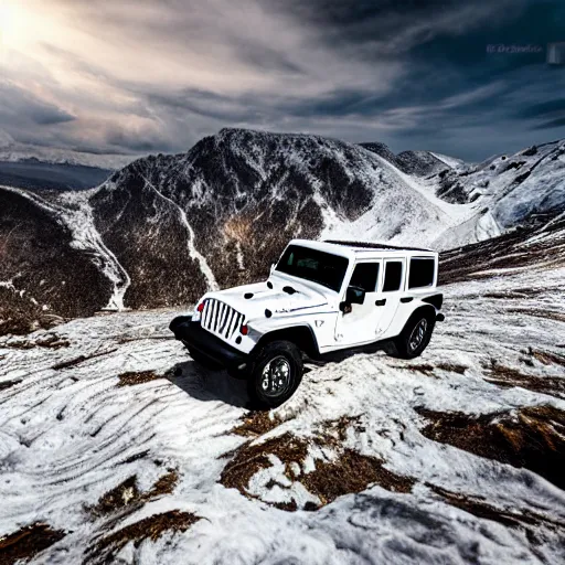 Image similar to white jeep wrangler driving up steep snowy mountain ridge on edge of a cornice, high quality digital art, dramatic lighting, cinematic, photo realism