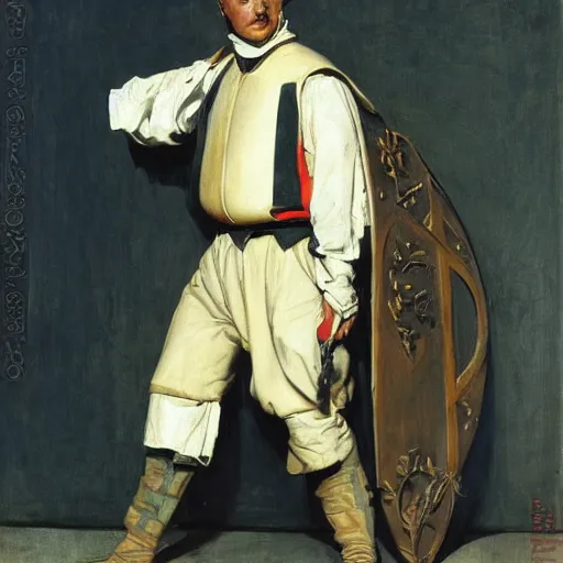 Prompt: portrait of a maximalist medieval foot soldier, by j. c. leyendecker