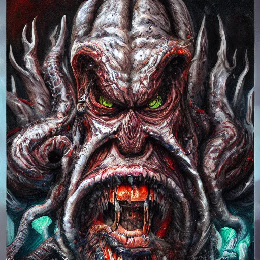 Image similar to terrifying monster Santa full dramatic shot, Lovecraft, oil painting, epic, ultra detailed, intricate