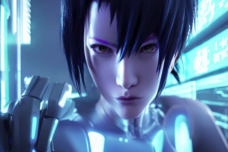 Image similar to cyberpunk ghost in the shell concept inspired motoko kusanagi, futuristic look, highly detailed body, very powerful, photorealistic camera shot, bright studio setting, studio lighting, crisp quality and light reflections, unreal engine 5 quality render